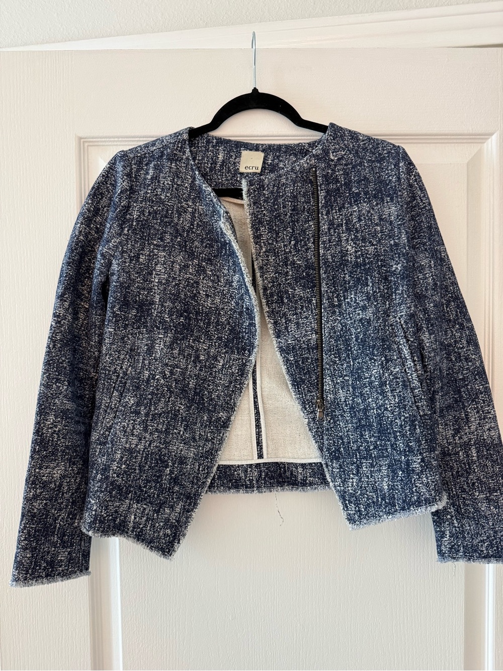 ecru Navy-White Tweed Zip-Accent Cropped Jacket